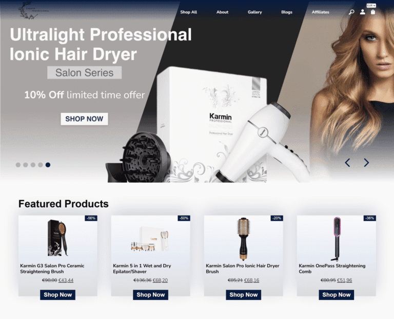 Karmin Hair Tools: screenshot of the live site