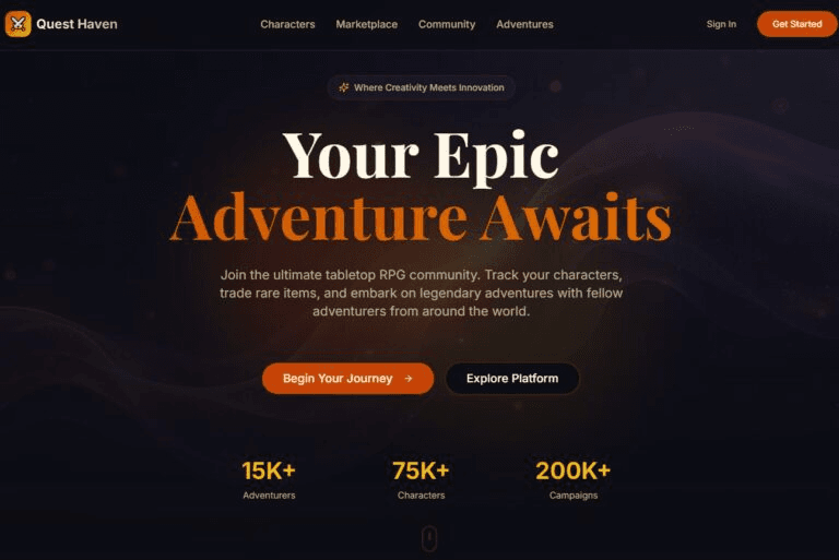 Quest Haven: screenshot of the live site